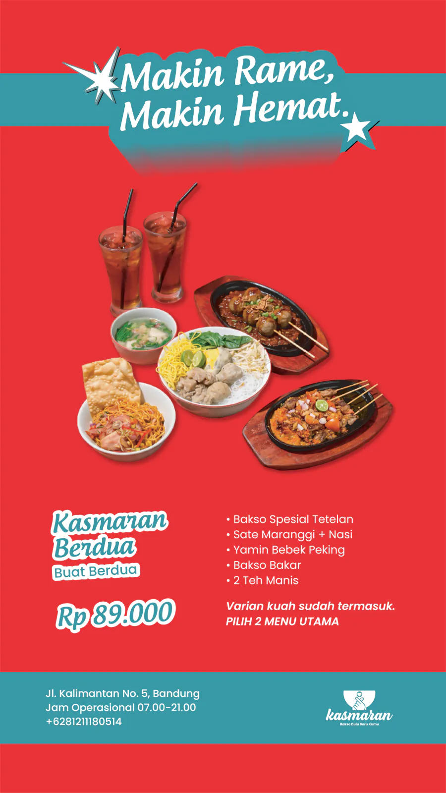 Paket Kasmaran Berdua Rp 89.000 — pilih 2 menu utama plus 2 teh manis