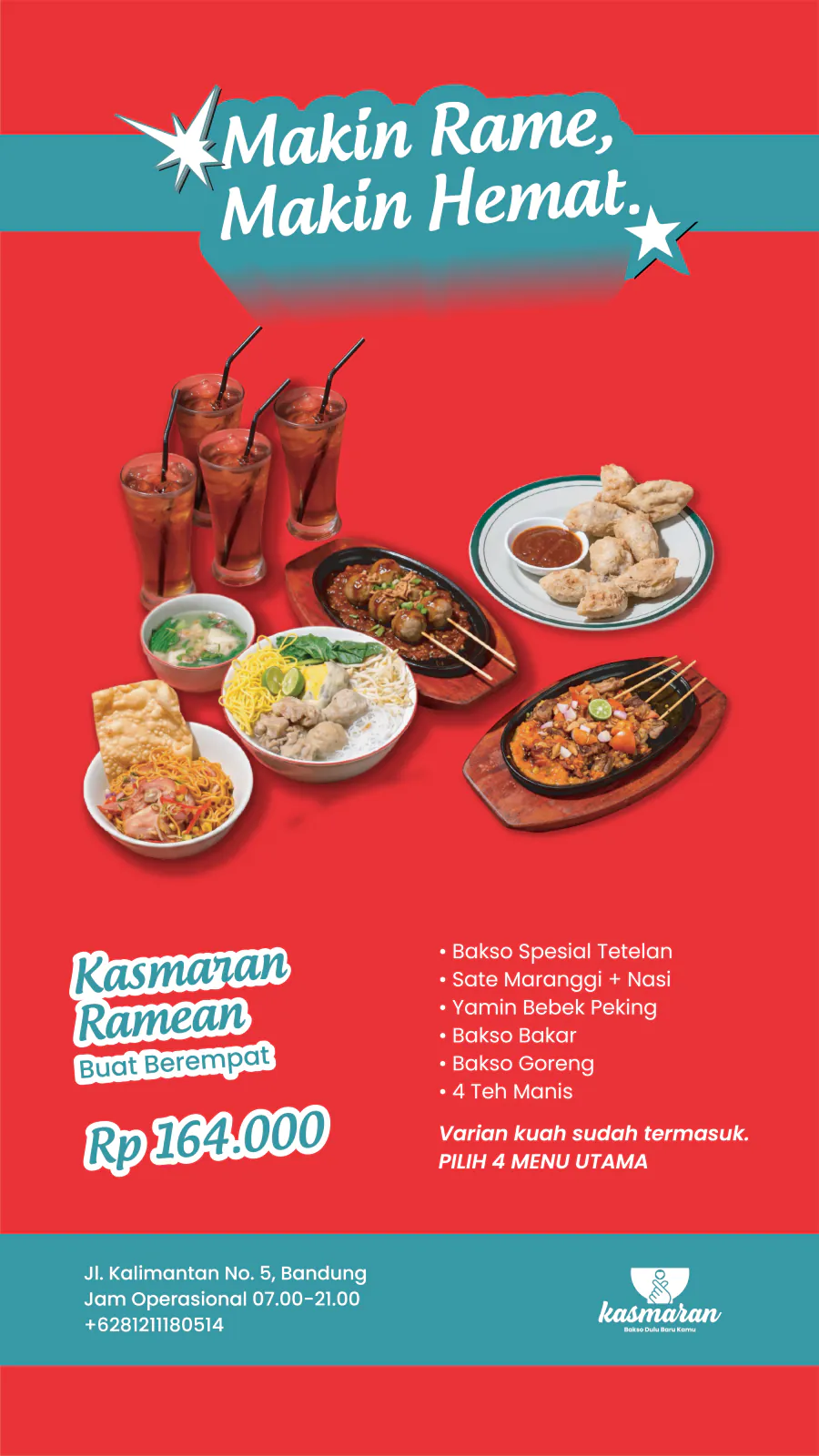 Paket Kasmaran Ramean Rp 164.000 untuk berempat — pilih 4 menu utama plus 4 teh manis